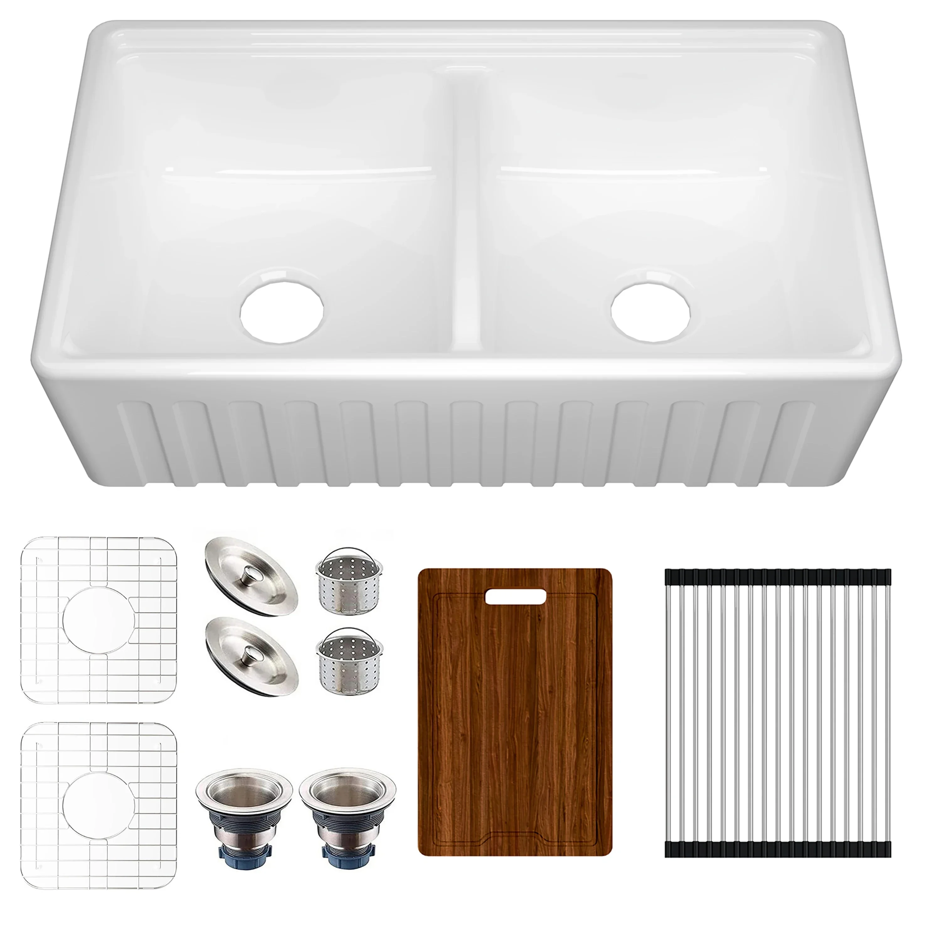 Single/Doubble Bowl Farmhouse Kitchen Sink ,Ceramic with Cutting Board ,Grid & Strainer - White 76/84 CM