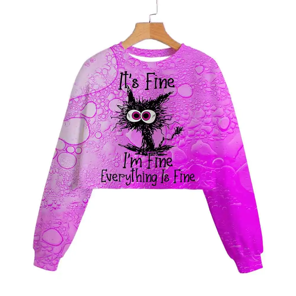 

3-12Y Girl Crop Hoodie Cat I'm Fine Graphic Clothes Autumn Kids' Soft Casual 3D Printed Long Sleeve Sweatshirt Pullover Cute Top