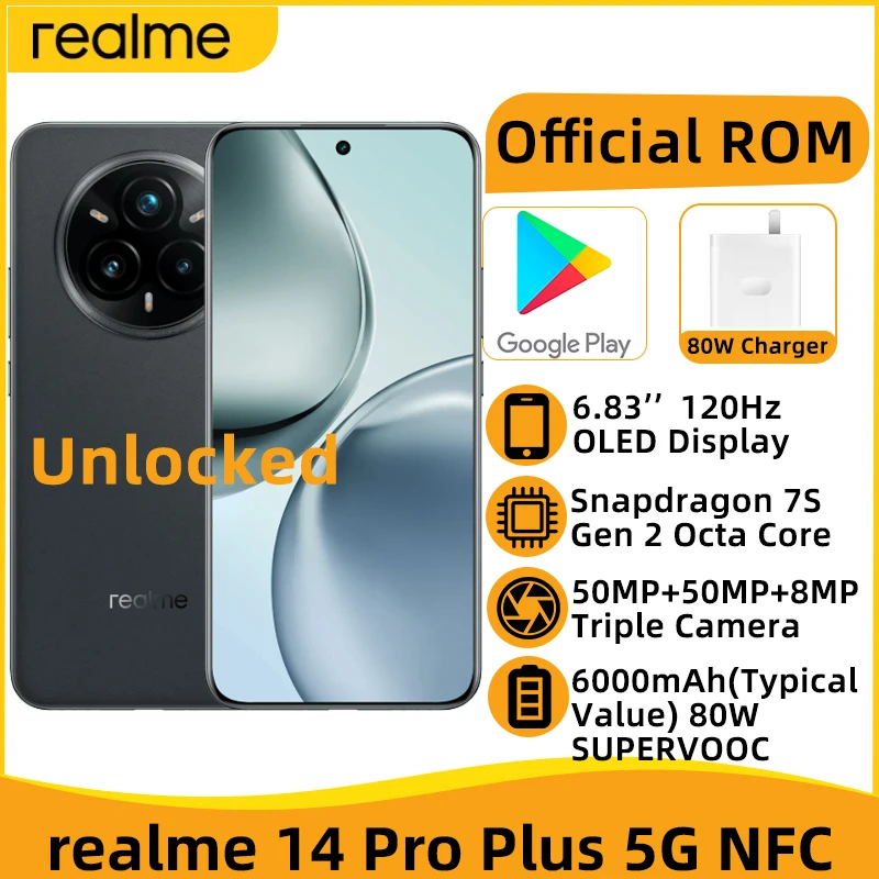 Unlocked realme 14 Pro Plus 5G NFC Snapdragon 7S Gen 2 Octa Core 6000mAh Battery 80W SUPERVOOC 50MP OIS Triple Camera Smartphone