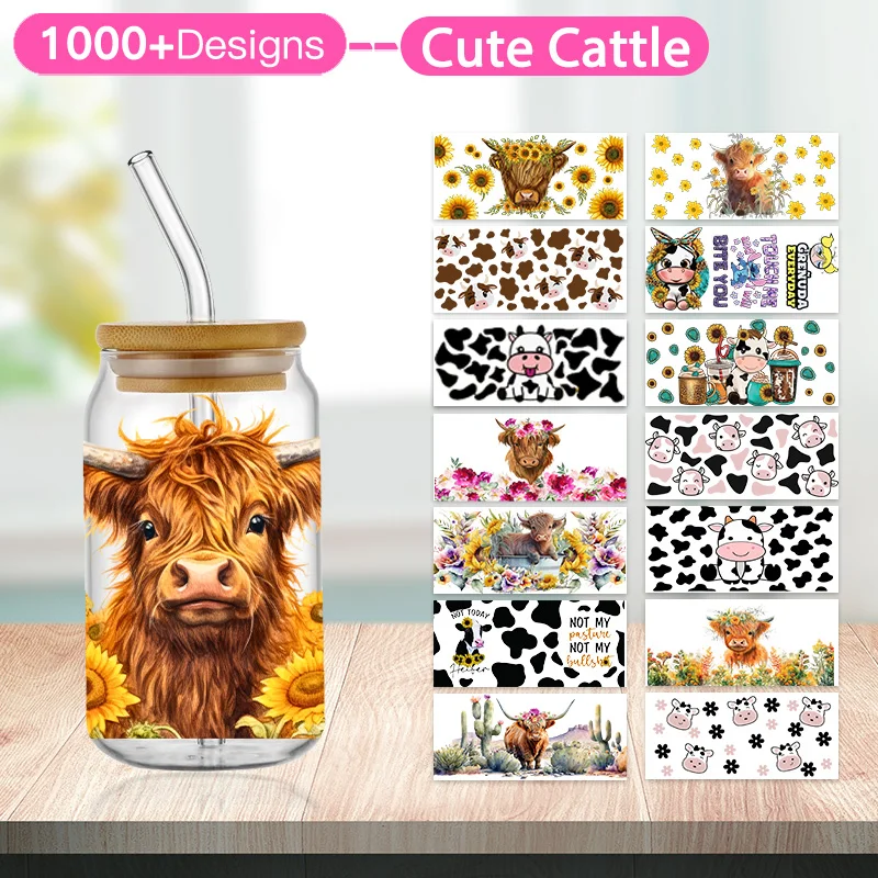 Cute Cow Girassol Flor Cactus Lua Vacas, Bovinos Boi Bull, Bossy UV DTF Cup Wrap para Tumbler, Libbey Glass, Transferência Fria, 16oz