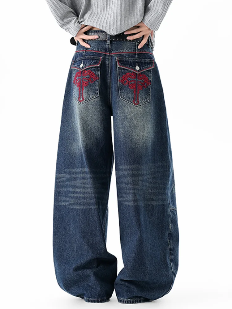 Red Vintage Men's Tree Embroidery Jeans Washed Blue Wide Leg Baggy Fit Streetwear Casual Premium Denim Pants 9YST