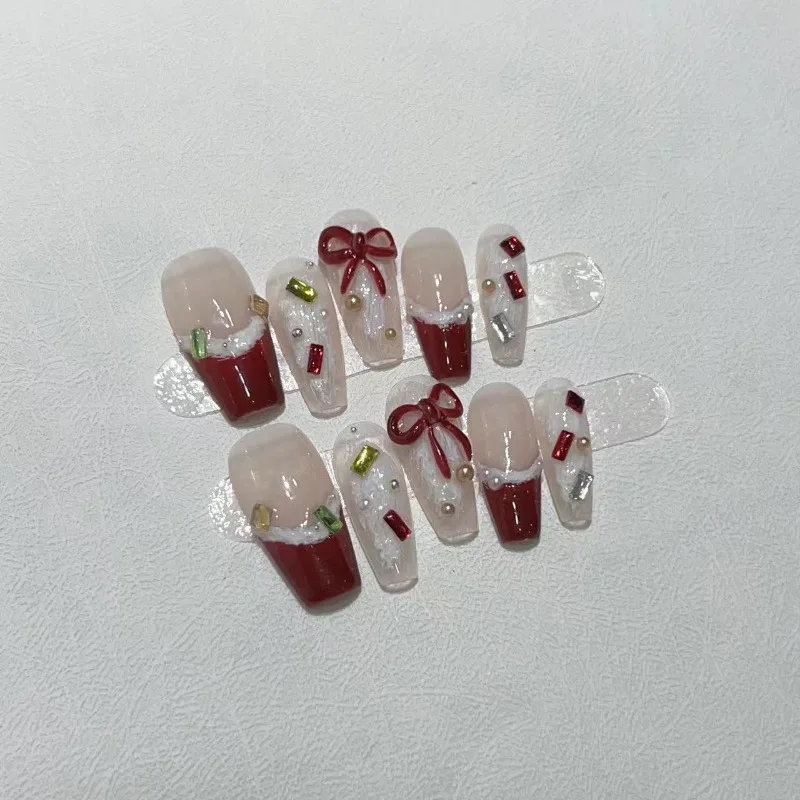 Faux ongles à couverture complète, N64.souhaits on N64.DIY Pure Handmade Patch, PerfecFake Nails, Bourgogne Bow, 10Pcs Set