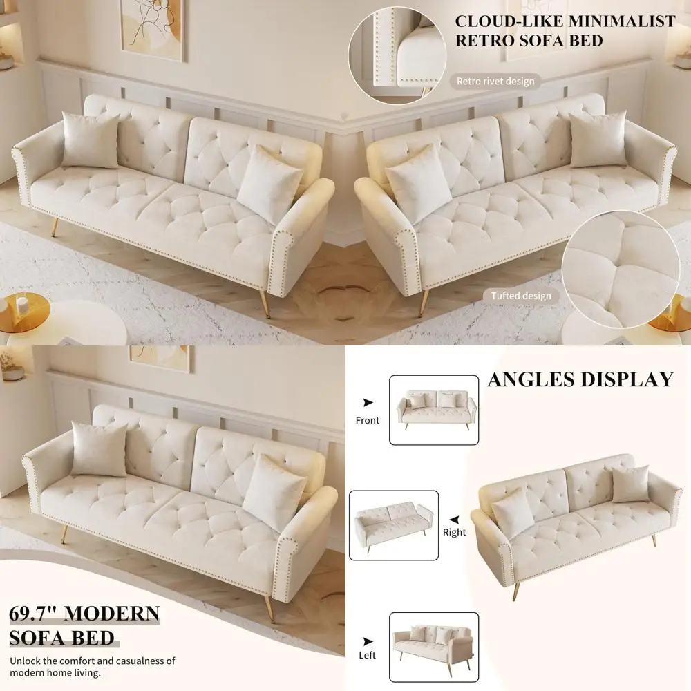 

Velvet Upholstered Sleeper Sofa Bed with Button Tufting, Comfortable Loveseat Couch, Nailhead Trim Accents, Pillows Included, Mo