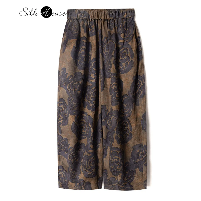 

Blue Camellia Elastic Waist 100% Natural Mulberry Silk Gambiered Guangdong Gauze Women's Fashion Printed Straight-leg Pants
