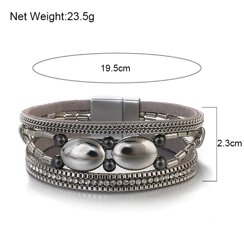 Amorcome Elegant Irregular Metal Bead Chain Multilayer Leather Bracelet Women Stackable Bracelet Exquisite Jewelry Accessories