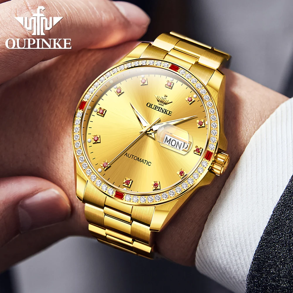 OUPINKE 3261 Gold Watch for Men Ruby Design Full Diamond Dial Luxury Calendar Wristwatches Imported Movement Clock