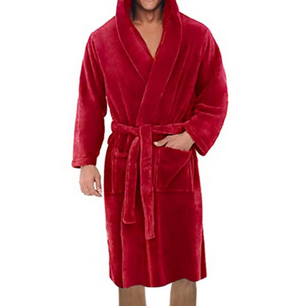 Men Soft Coral Fleece Solid Color Pockets Long Bath Robe Home Gown Sleepwear Plus Size Loose And Comfortable Home Wear