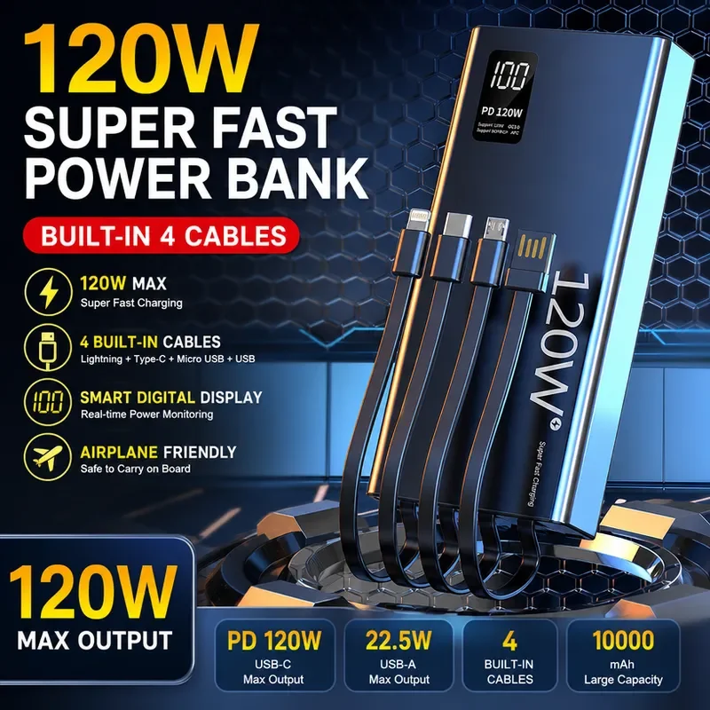 120W Super Fast Charging Power Bank 20000mAh Portable Charger with Built in Cable Mobile Power Supply for Smartphone Tablet