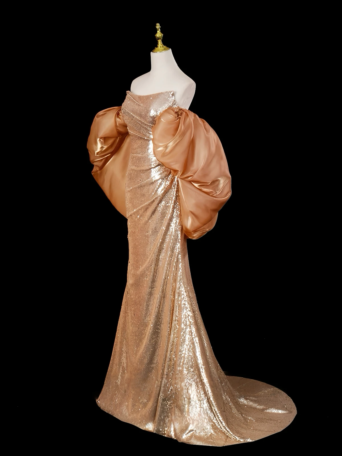 Robe de soirée dorée sirène sans bretelles, manches bouffantes, paillettes scintillantes, longue traîne, robe de Cocktail pour invités de mariage pour Occasions formelles