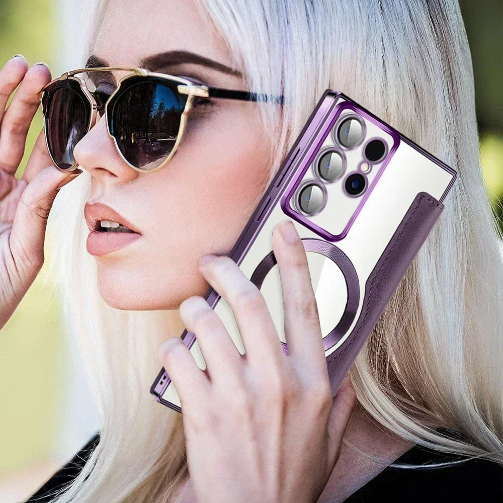 Samsung Leather Flip Card Clip Phone Case For Samsung Galaxy S24 S23 S22 Ultra Plus S23 FE For Magnetic Wireless Charging Covers