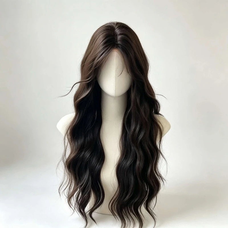 Brown and black 24-inch wig medium length curly hair whole top water ripple synthetic high temperature silk wig