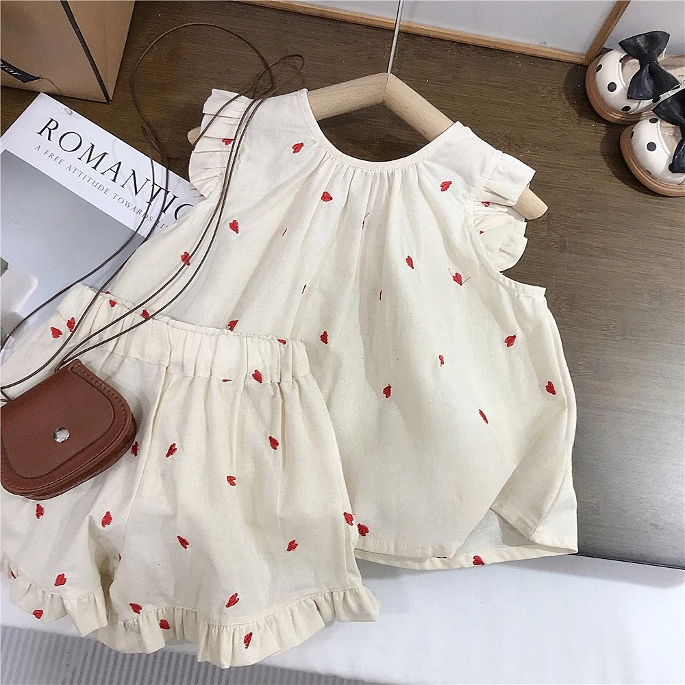 Summer Girls Heart Flutter Sleeve 2 Piece Set, Linen Pullover Doll Blouse Top  Lace Shorts Kids Outfit  for 90-140cm