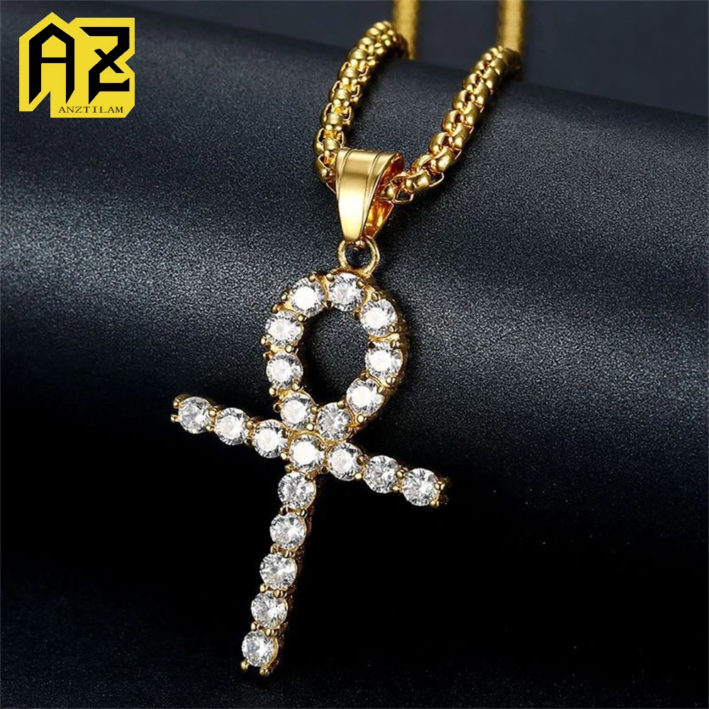 

Anztilam Ankh Cross No Fade 316L Stainless Steel Iced Out Pendant with Long Link Chain Necklaces for Women Men Hip Hop Jewelry