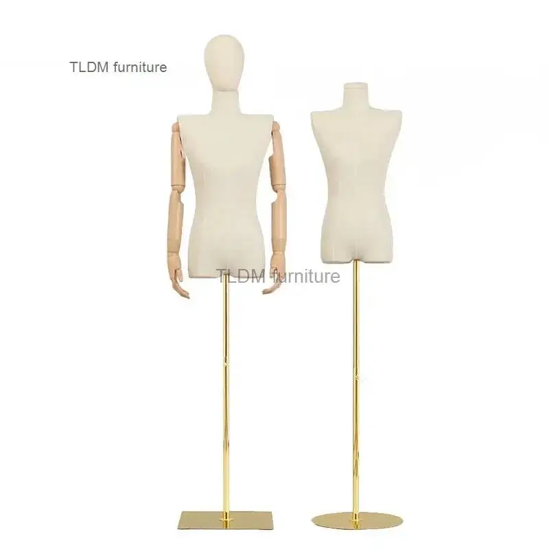 

Wooden Arm Cloth Cover Female Head Half Mannequins Metal Base Wedding Clothing Display Stand Adjustable Clothing Store Mannequin