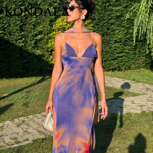 Imagen 2 del producto KONDALA 2025 Otoño Invierno elegante mujer bufanda vestidos con cuello moda Sexy estampado ajustado fuera del hombro Cami señoras vestidos fluidos