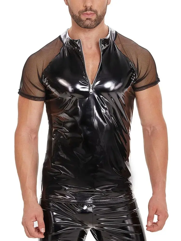 S-5XL Shiny Faux PU Leather Tshirt Mesh Short Sleeve T Shirt Men Wet Look PVC T-shirt Tights Sexy Shapers Muscle Tops Shapwear