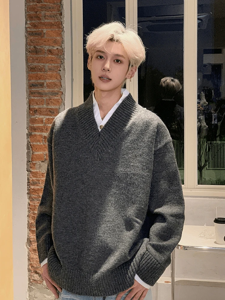 

Мужской вязаный свитер с v-образным вырезом, повседневный свободный крой из полиэстера, длинный свек, мягкая удобная осенне-зимняя модная верхняя одежда, пальто