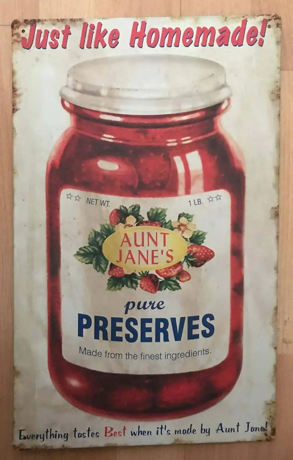 Country Primitive Homemade Food Aunt Jane;s Strawberry Pure Preserves Jam Rustic Tin Sign-aluminum