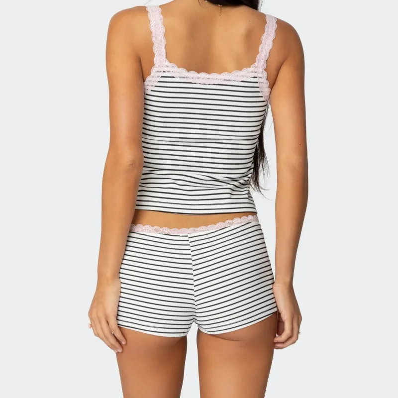 Y2Kレースストライプパジャマセット レディース 2ピース セクシーノースリーブキャミソールタンクトップとショートパンツ パジャマセット 上下セット ラウンジウェア 寝巻き