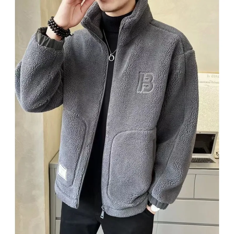 Male Lamb Wool Cotton Coat with Thick Wool Jackets Solid Simple Autumn Winter Motorcycle Clothing Men\'s Casual Clothes