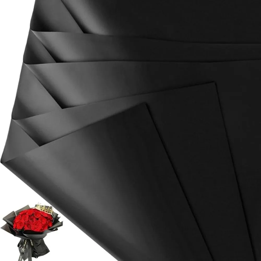 Waterproof Translucent Korean Floral Wrapping Paper 20 Sheets Black Flower Design for Bouquet Gift Packaging Florist Supplies 22.8x22.8 Inch view 2