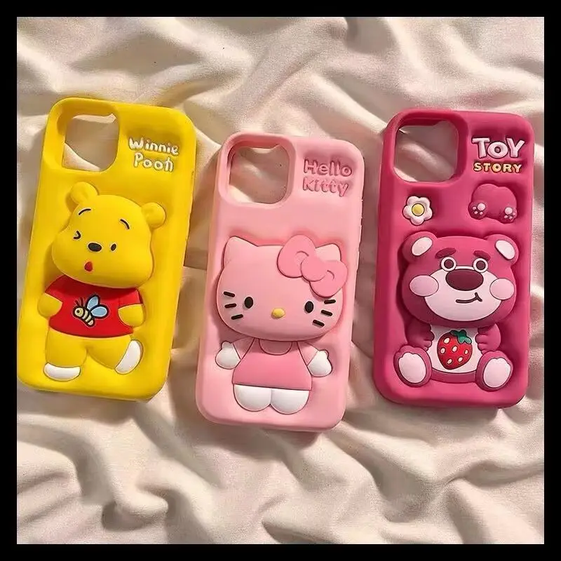 Cartoon 3D HelloKitty KT Cat Pooh Bear Stand Phone Case For IPhone 16 15 Pro Max 11 12 13 14 Pro With Bracket Silicone Cover Y2k