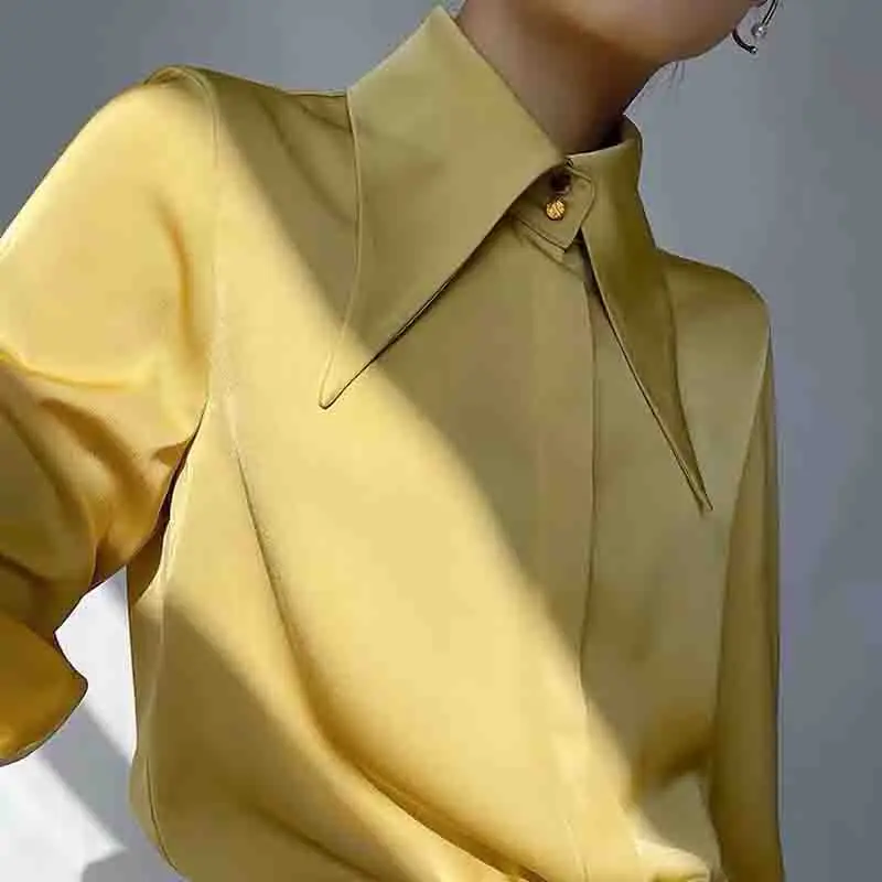 New Fashion Turn Down Collar Women\'s Blouse Button Up Satin Silk Women Shirts White Office Woman Tops Yellow Clothes 16946