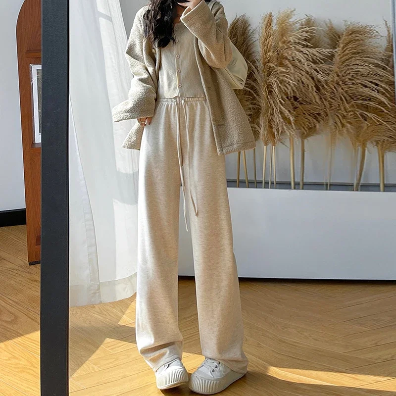 Knitted Drawstring Plush Wide Leg Pants Fashion Solid Color High Waist Floor Length Pants Slimming Straight Leg Casual Pants