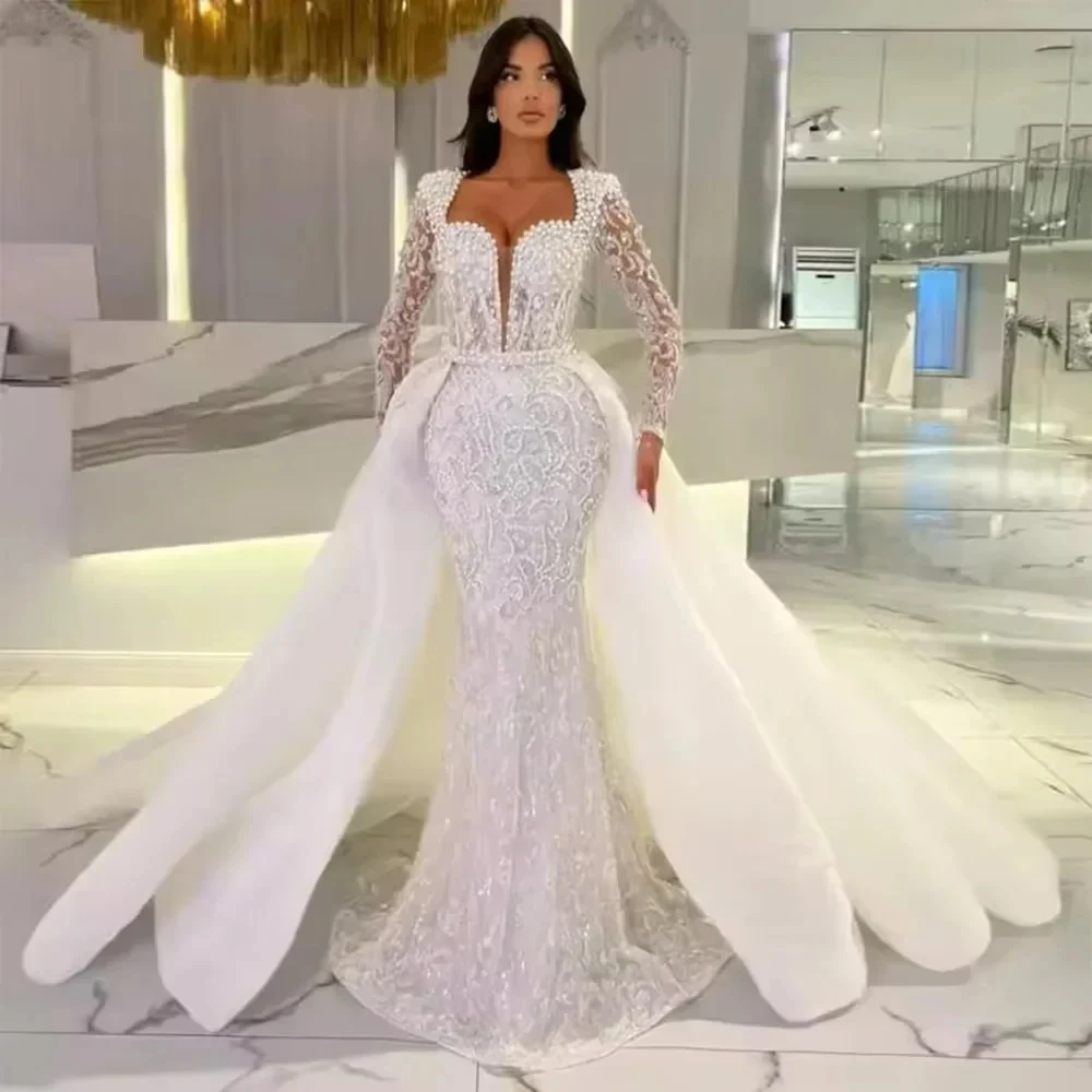 

Luxury Mermaid Churh Wedding Dress 2026 Detachable Train Long Sleeves Lace Applique Pearls Bride Bridal Gowns Robe De Mariee