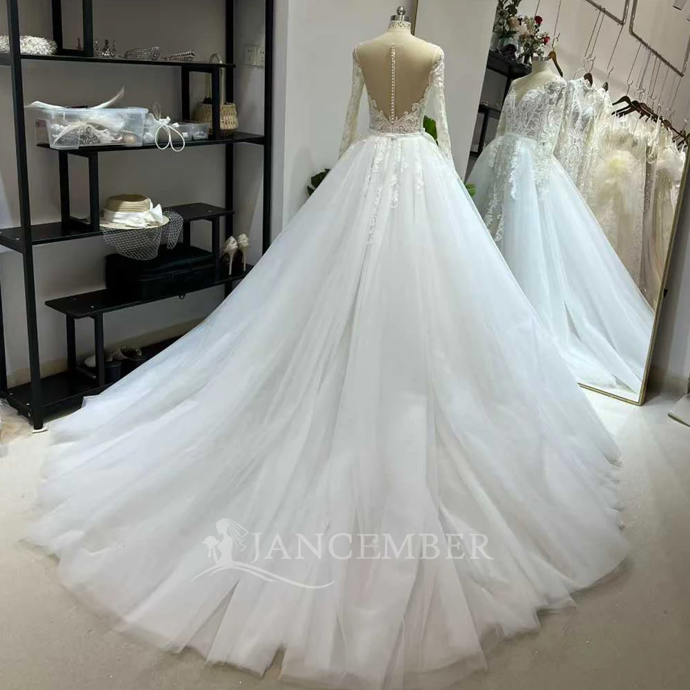 Vintage Wedding Dress Lace With Chiffon A-Line Floor Length Vestidos O-Neck Long Sleeves Bride Robe De Mariee Customized