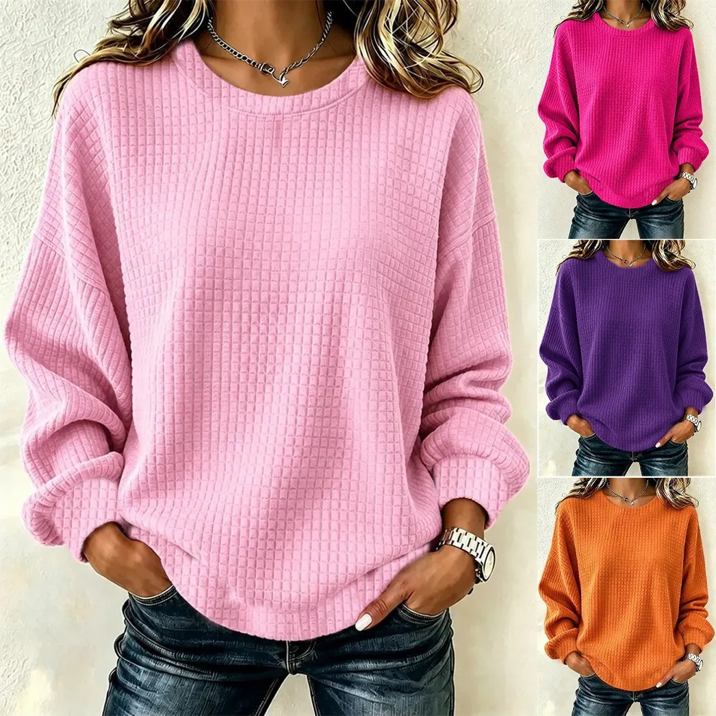 Plus Size Women Spring And Winter Fashion Casual Solid Color Checkered Pullover Sweatshirt Suitable For Commuting Blouse Shirts
