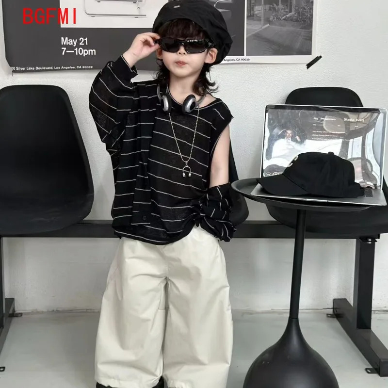 

2026 Kids Boys Spring Autumn Long Sleeves Striped Hoodie + Vest + White Casual Pants 3pcs Set 2-11Y Outdoor Clothes for Children
