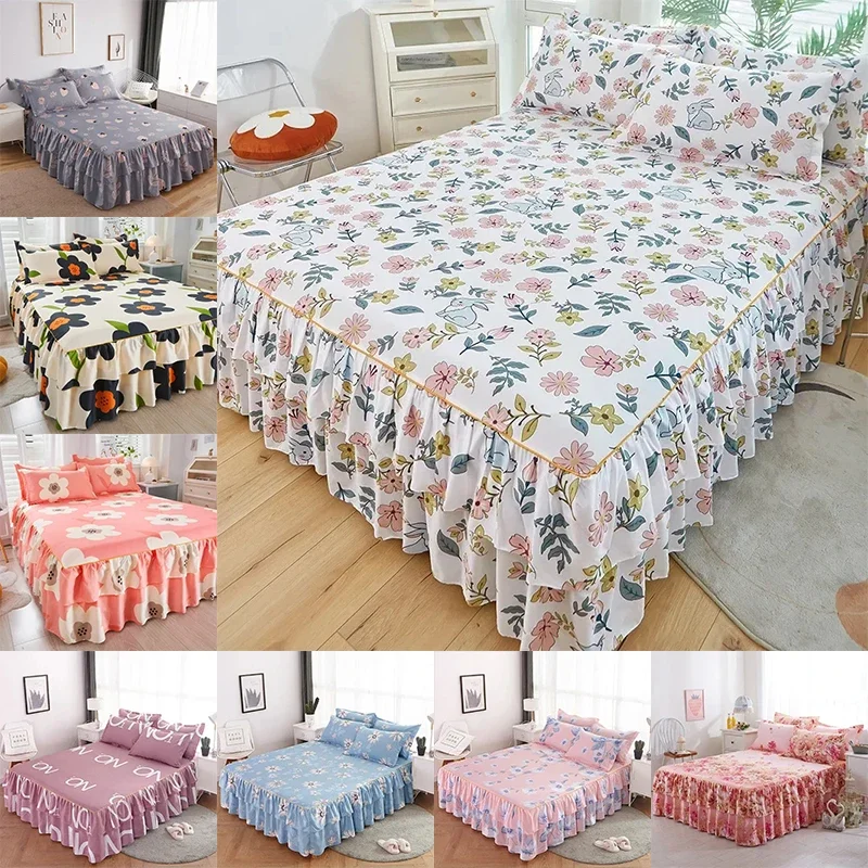 Two Layers Lace Trim Heightening Bed Skirt Plant Printed Mattress Cover Soft Comfortable Single/Queen/King Size Bed Sheet Skirt