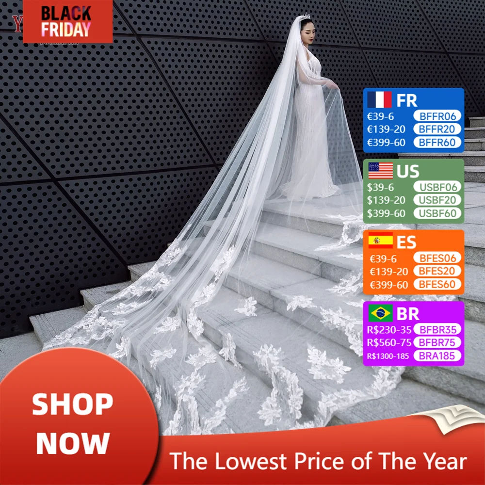 YouLaPan V146 Luxurious Bridal Veil Catherdral Long Veil Wedding Accessories Bridal 1 Tier 5m Soft Lace Applique Edge