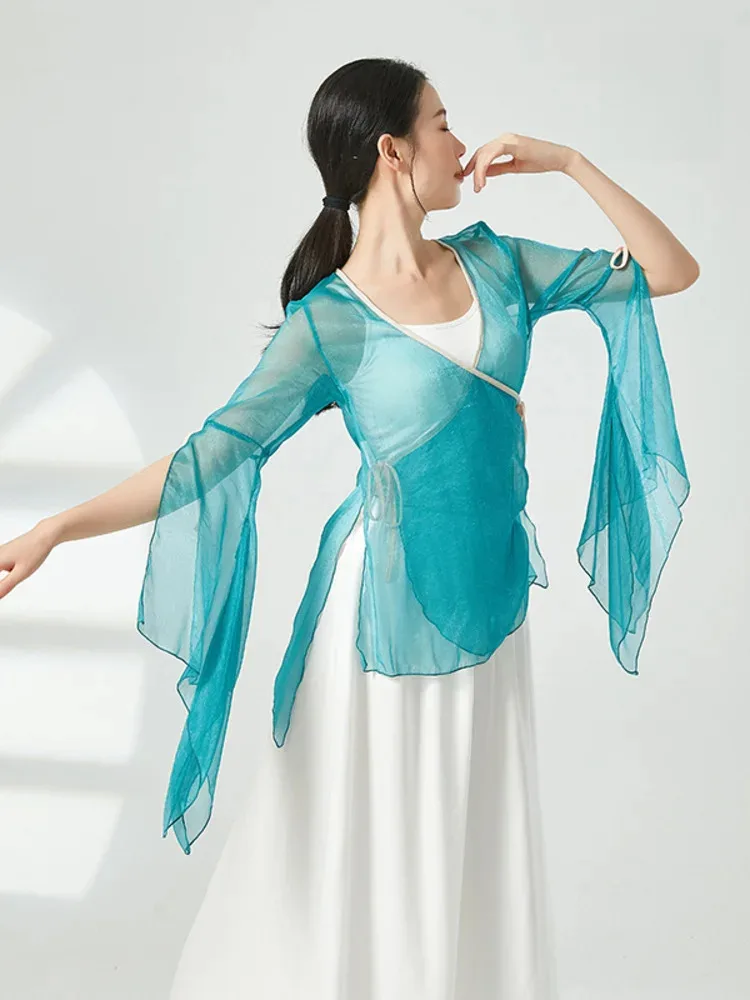 بلوزة رقص فضفاضة بأكمام جرس شبكية على شكل حرف V - ملابس أداء أنيقة بأكمام طويلة للنساء ملابس أزياء المسرح الكلاسيكي