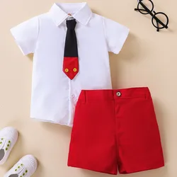 2 Pieces Kids Suit Set, Summer Contrast Color Lapel Short Sleeve Shirt with Necktie+ Short Pants for Boys, 1-8 Years