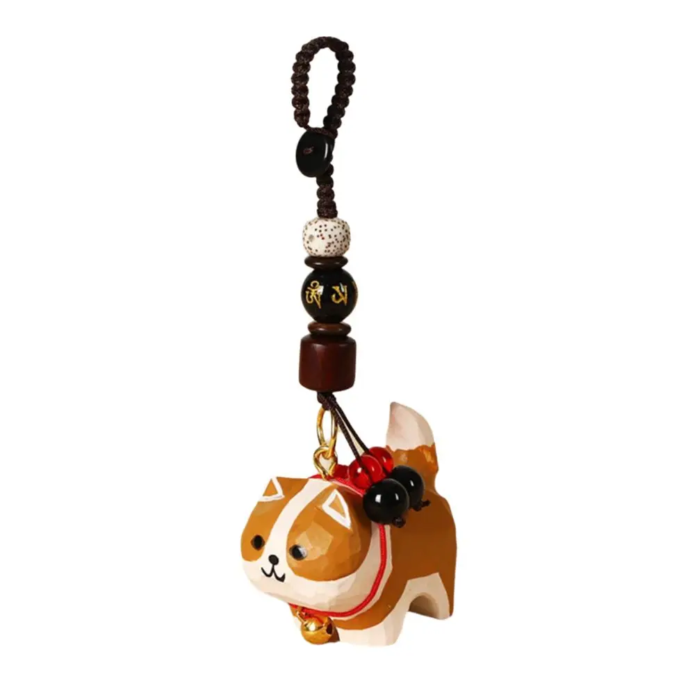 Fashion Flower Wooden Carved Dog Keychain Weave Rope Beads Wood Shiba Inu Dolls Pendant Bag Hanging Kawaii Car Keyring Gifts