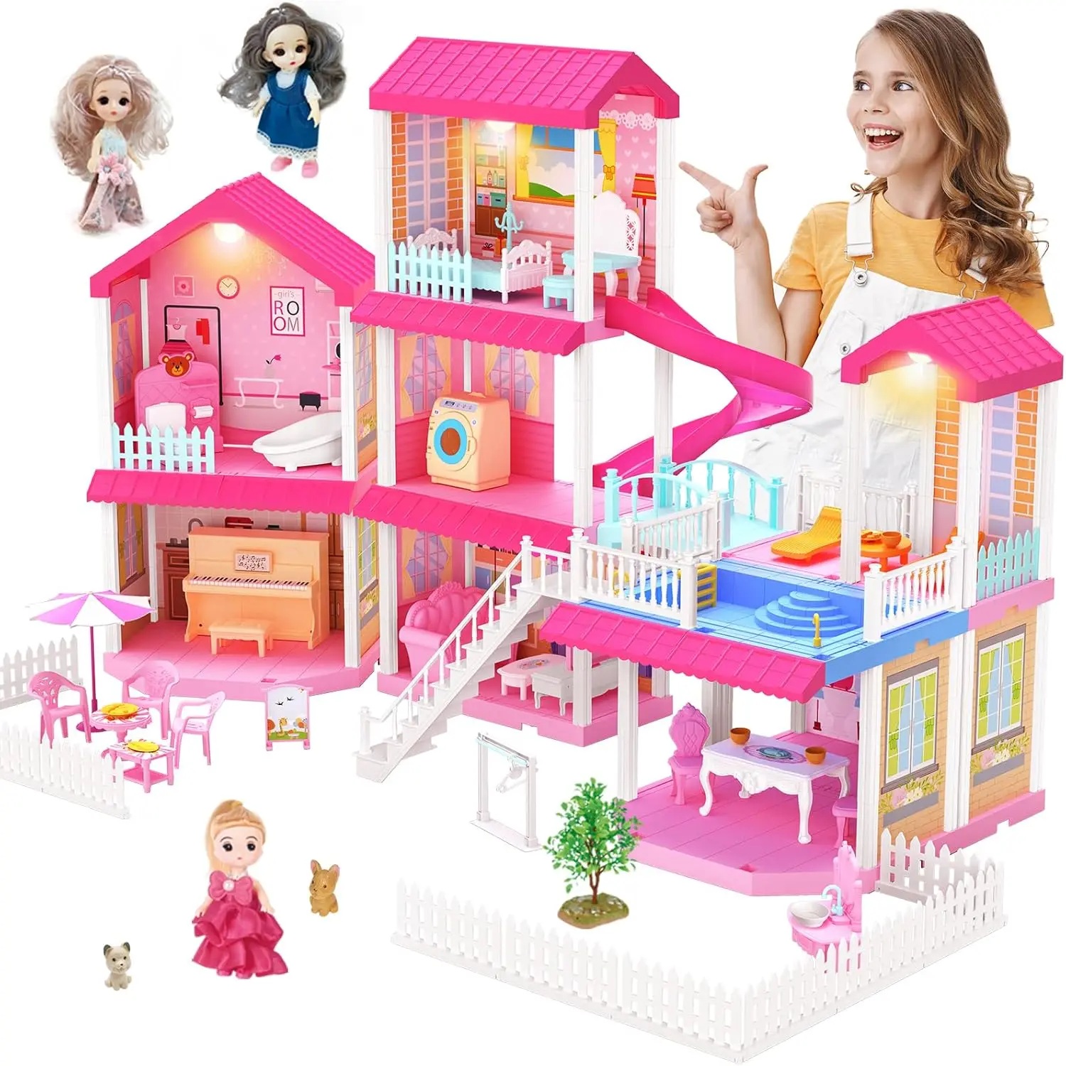 

Dream House for Girls 3 Stories 7 Rooms Dollhouses w/ 3 Dolls Toy Figures, Pretend Playhouse Gift Toy for Kids Ages 3 4 5 6 7 8+