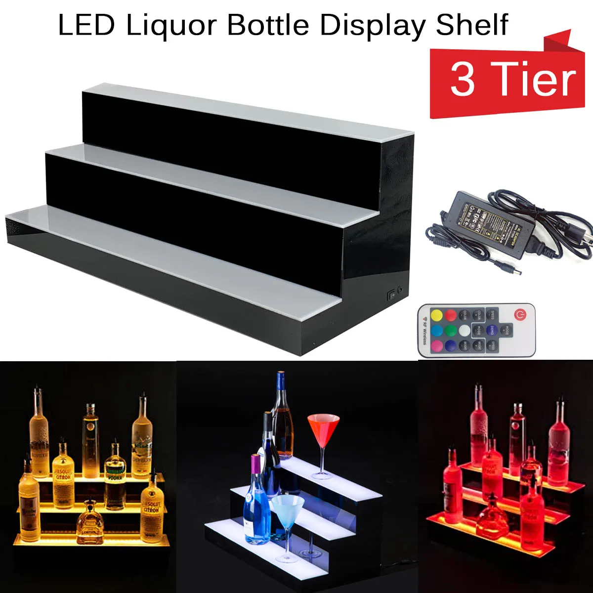 39" 3-Tier LED Lighted Glowing Liquor Bottle Display Shelf Home Back Bar Rack