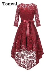 Tonval Vintage Robe Floral Lace Elegant High Low Hem Maxi Dress for Women O-Neck 3/4 Length Sleeve Evening Party Dresses