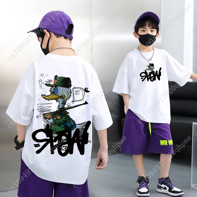ملابس الأطفال الكورية 2025 الفتيان الأمريكية الكرتون بطة طباعة الجرافيك تي شيرت 100% القطن تي شيرتات قصيرة الاكمام ملابس فتاة #3