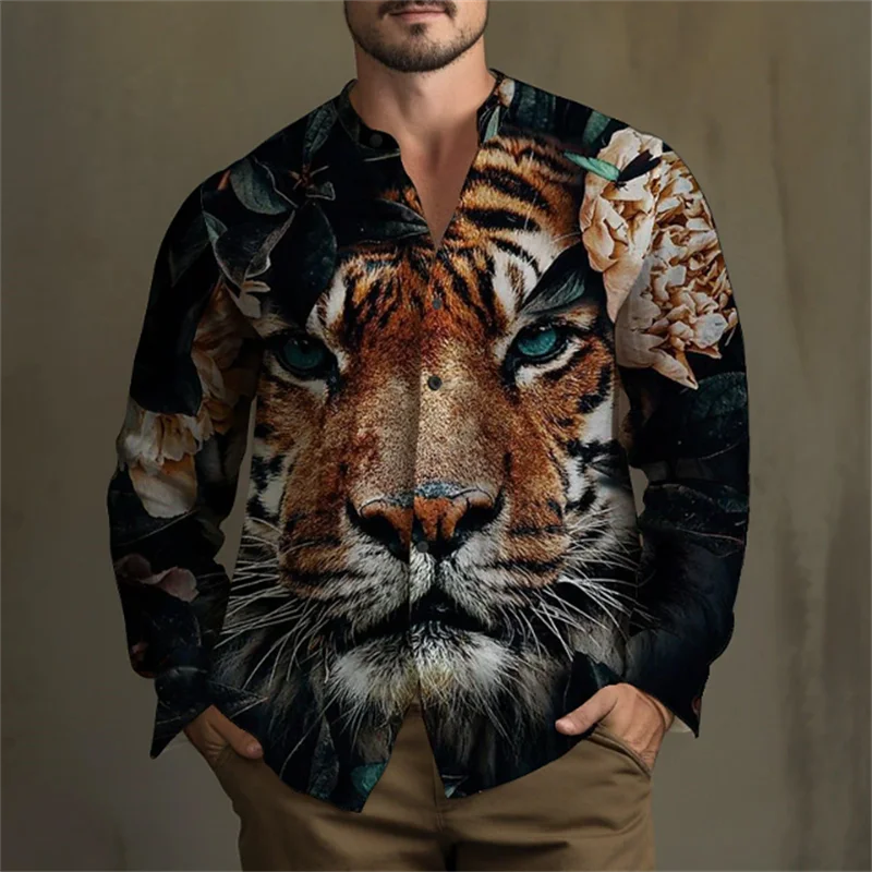 Fashionable Men\'s Abstract Wolf Tiger Daily Outing Spring and Summer Lapel Long Sleeve Four-Way Stretch Fabric Men\'s Tops Shirt