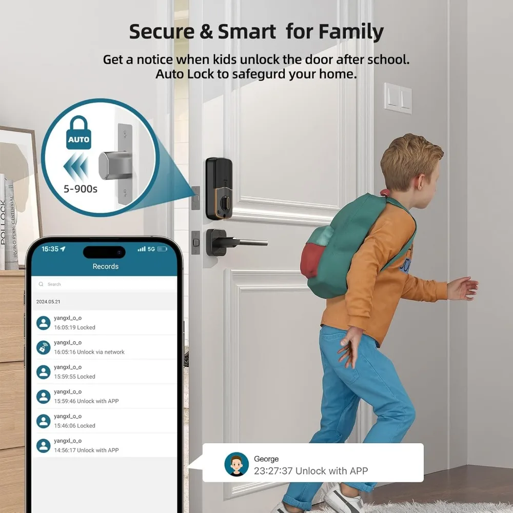 WiFi Keyless Door Lock with Handle Set – Fingerprint Smart Lock, Bluetooth Keypad Deadbolt, Remote Control via App & Alexa, Aut