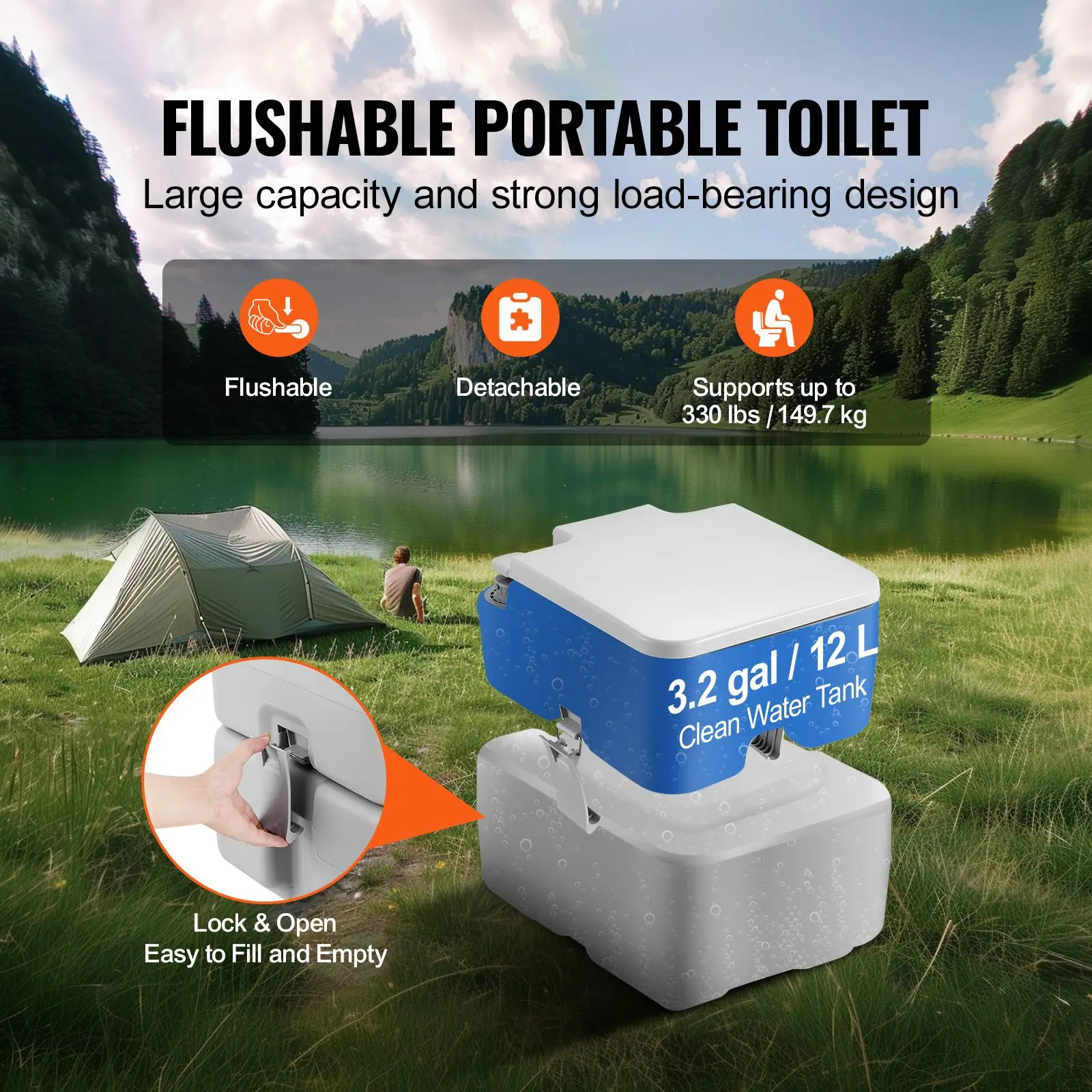 Portable Toilet for Camping, Porta Potty with Carry Bag, 5.3 Gal Waste Tank & 3.2 Flush, Push-Button Pressurized Commode