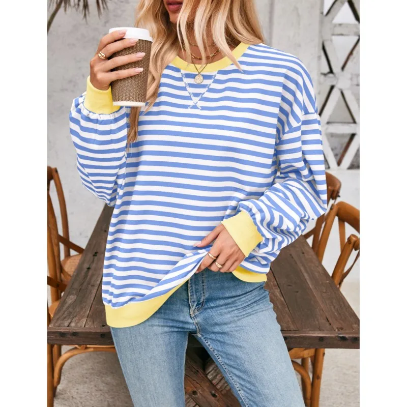 

New Women's Oversized Striped Hoodies Color Blocking Long Sleeve Round Neck Sports Shirt Casual Loose Fitting Pullover Shirt Top