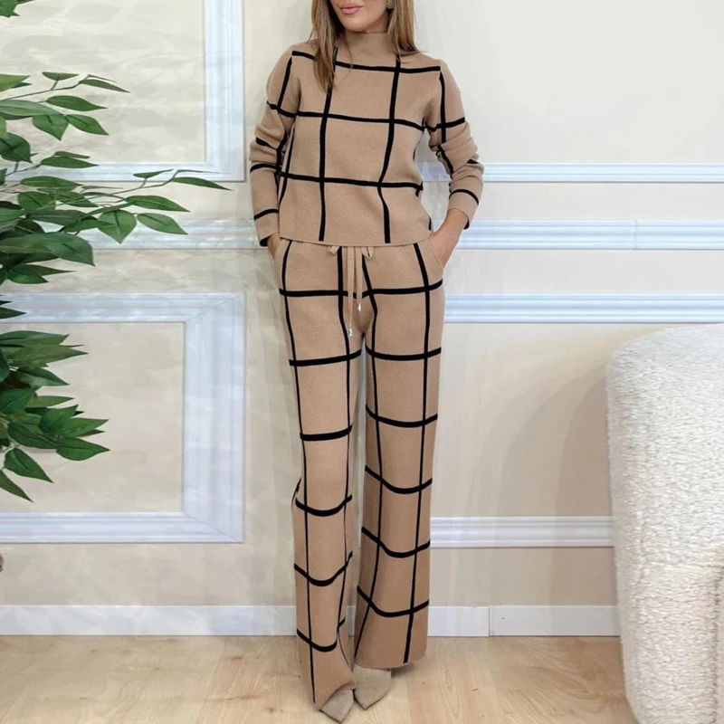 Fashion Plaid Print Autumn Clothing Women Elegant Turtleneck Pullover Top And Lace-up Pants Sets New Winter Straight Suit Outfit