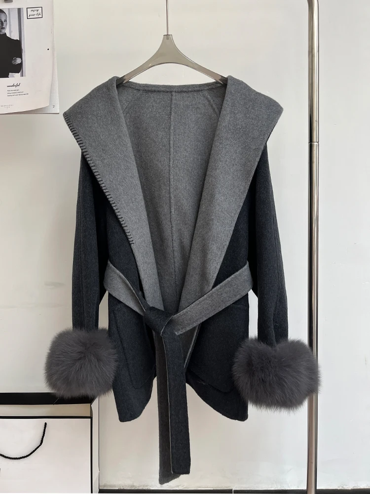 겨울 리얼 퍼 코트 여성 천연 여우털 커프스 후드 캐시미어 울 아우터 재킷 여성 양면 착용 가능