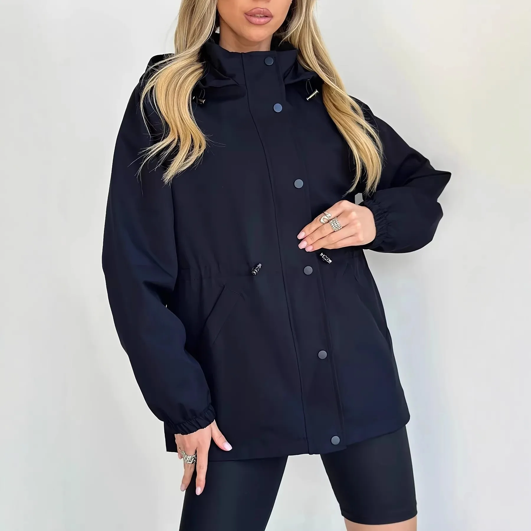 Hooded Zipper Coat Mid Length Elegant Commuter with Patchwork Single Row Multi Button Medium Thickness Casual Spring Women Coat