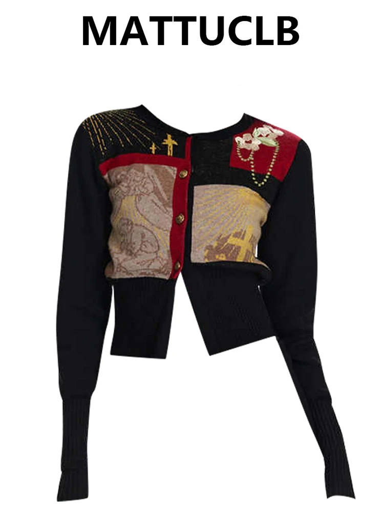 

Winter Women Long Sleeve Crop Sweater Vintage Knitwear 2000s Aesthetic O-neck Cardigan Top New Old Money Contrast Color New In