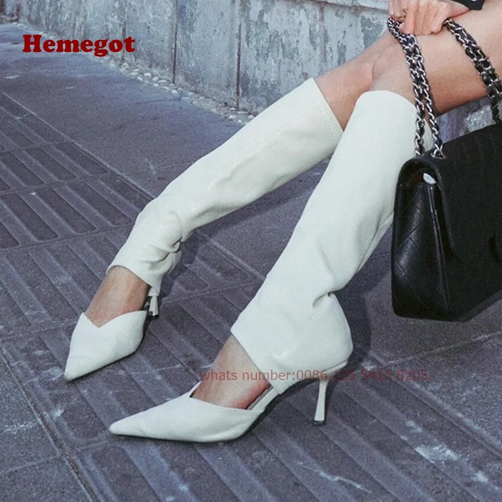 White V-Cut Pointy Sandal Boots Cut-Out Kitten Heels Knee High Women's Sandals Autumn Winter Casual Runway Shoes Slip On Luxury